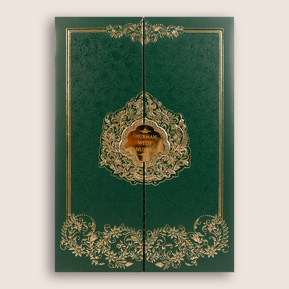 Green Embossed Floral Door Style Padded Wedding Card - KRB10400