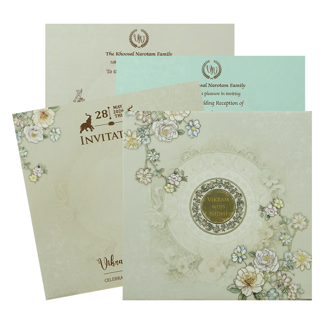 Grey Floral Embossed Circle Paddded Wedding Card-KRE27140