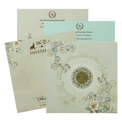 Grey Floral Embossed Circle Paddded Wedding Card-KRE27140