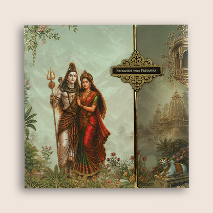 Green Padded Lord Shiva Parvathi Door Style Wedding Invitation - KSH18740
