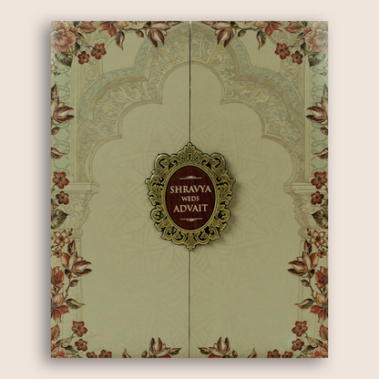 Beige Floral Door Style Wedding Card - KVN07590