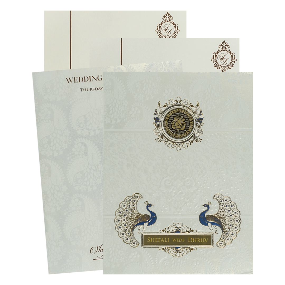 White Floral Ganesha Padded Wedding Card-KRE28170