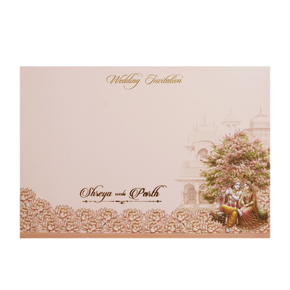 Pink Radha Krishna  Padded Palace Wedding Card -KMMEX8210