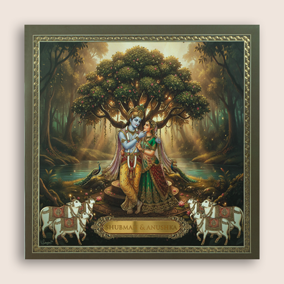 Green Lord Radha Krishna Padded Wedding Invitation - KRB10530