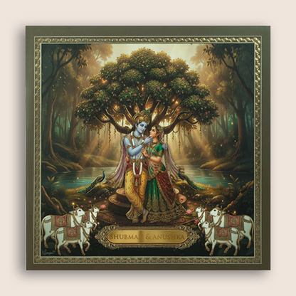 Green Lord Radha Krishna Padded Wedding Invitation - KRB10530