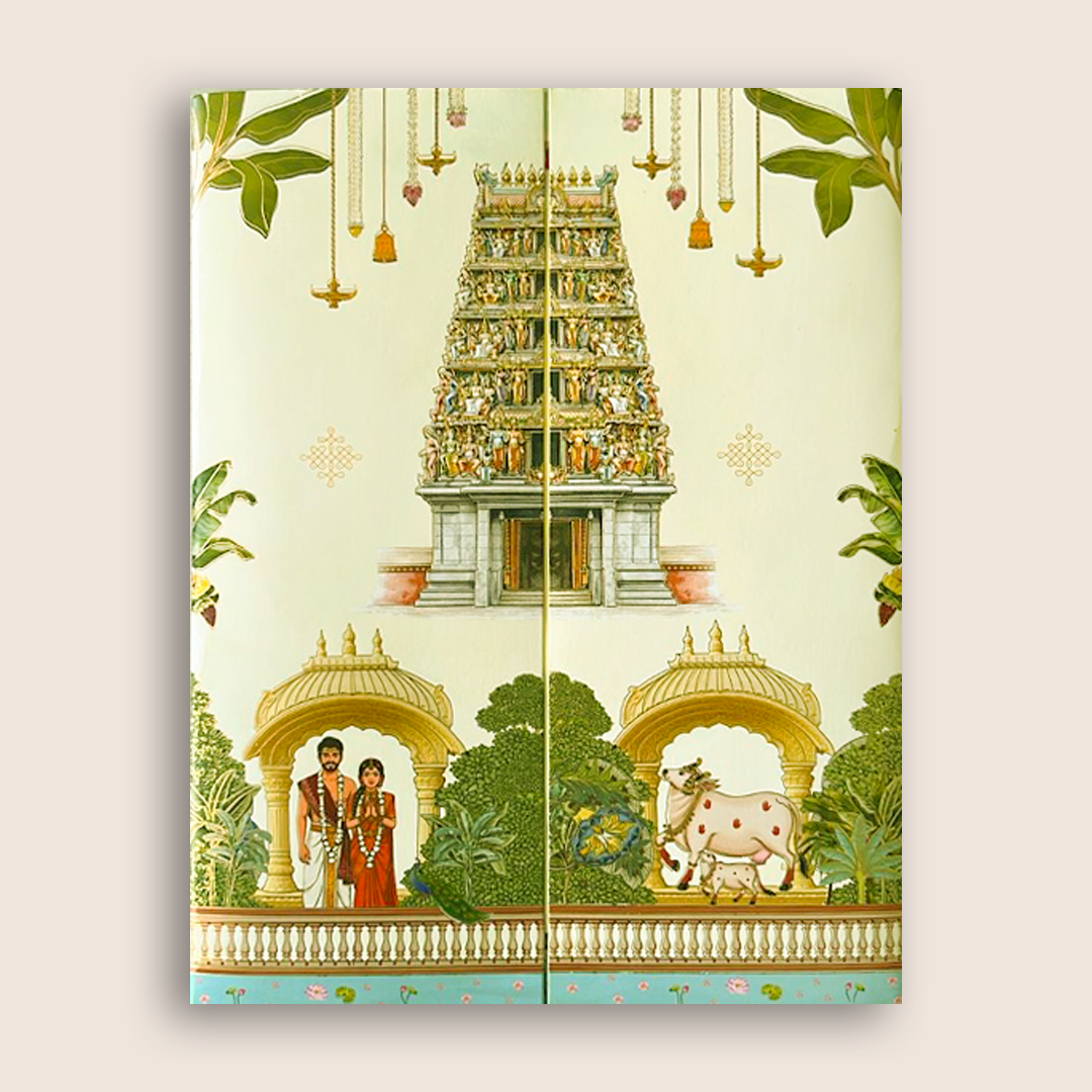 Cream South Indian Temple Wedding Card - KNKC6205