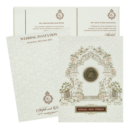 White Ganesha Elephant Embossed Wedding Card-KRE28390