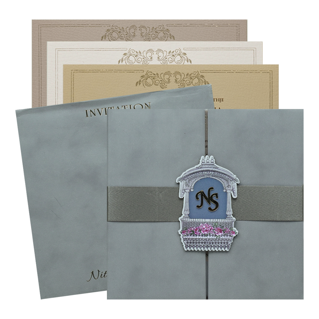 Blue Padded Floral Wedding Card-KRC31480