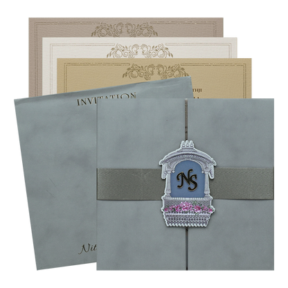 Blue Padded Floral Wedding Card-KRC31480