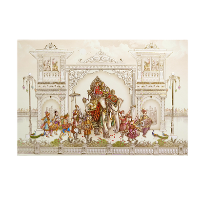 Cream Baraat Procession 3D Padded Wedding Card - KMMWD1111