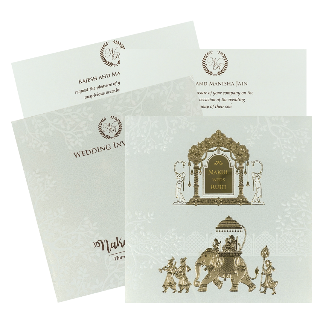 White Gold Arch Elephant Padded Wedding card-KRE28280
