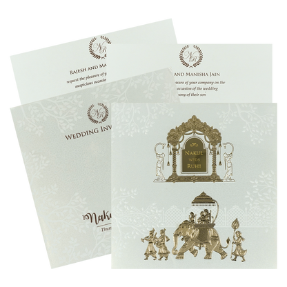 White Gold Arch Elephant Padded Wedding card-KRE28280