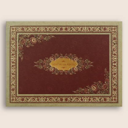 Brown Embossed Floral Padded Wedding Card - KFR17480