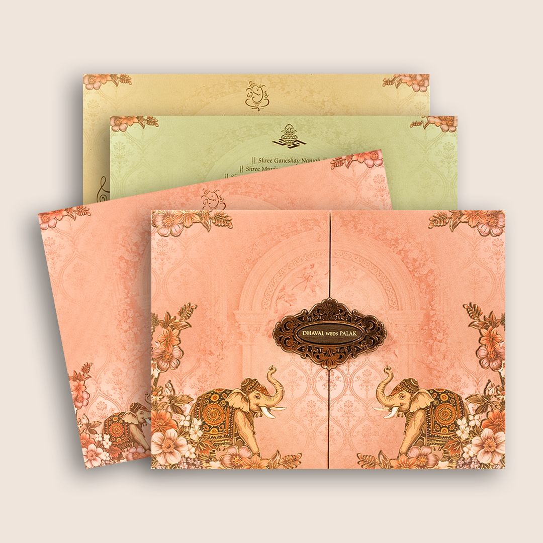 Pink Elephant Embossed Door Style Padded Wedding Card - KVN07910