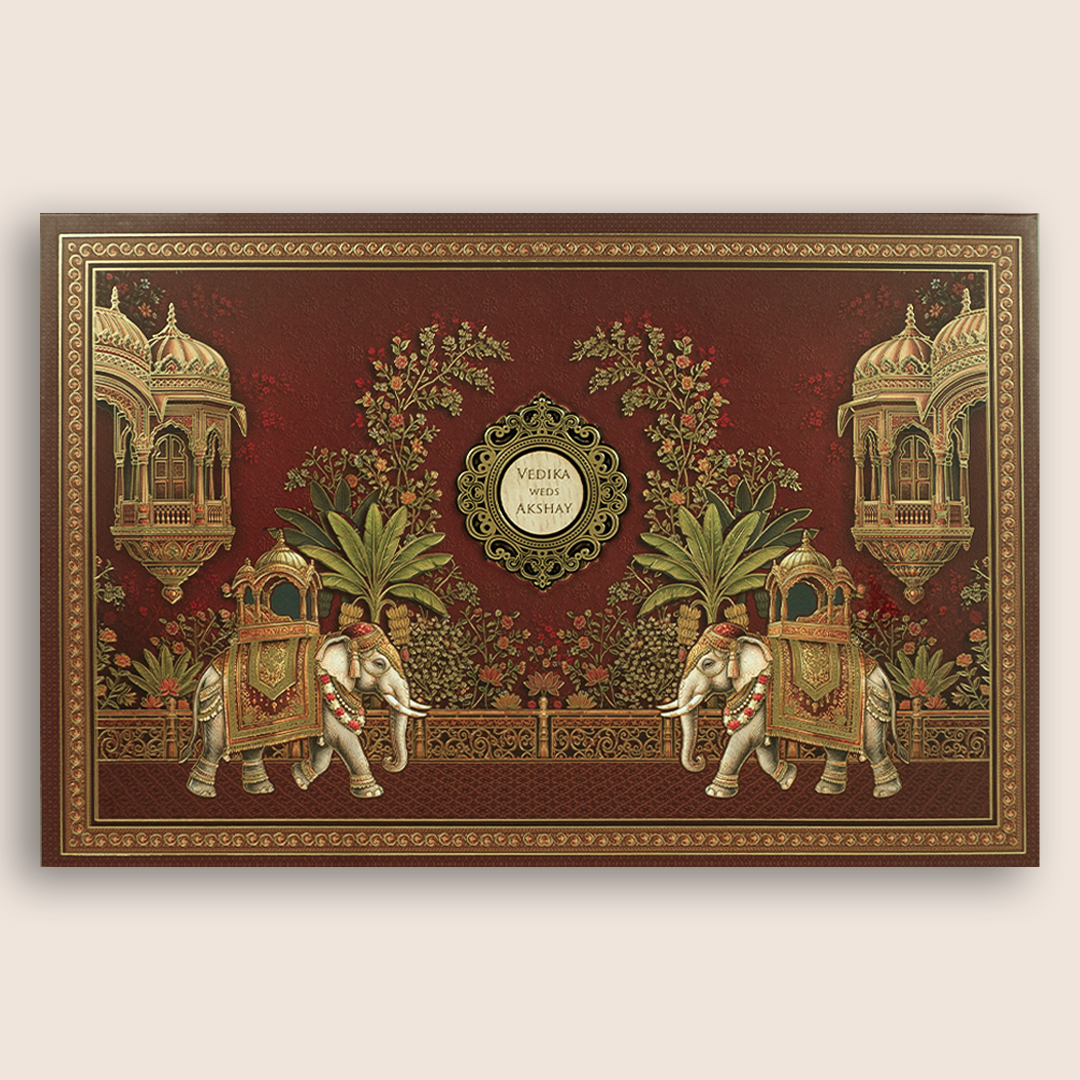 Wine Royal Elephant Padded Wedding Card - KSH18040