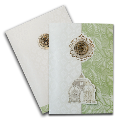 White Pastel Green Ganesha Temple Wedding Card-KNA2401G