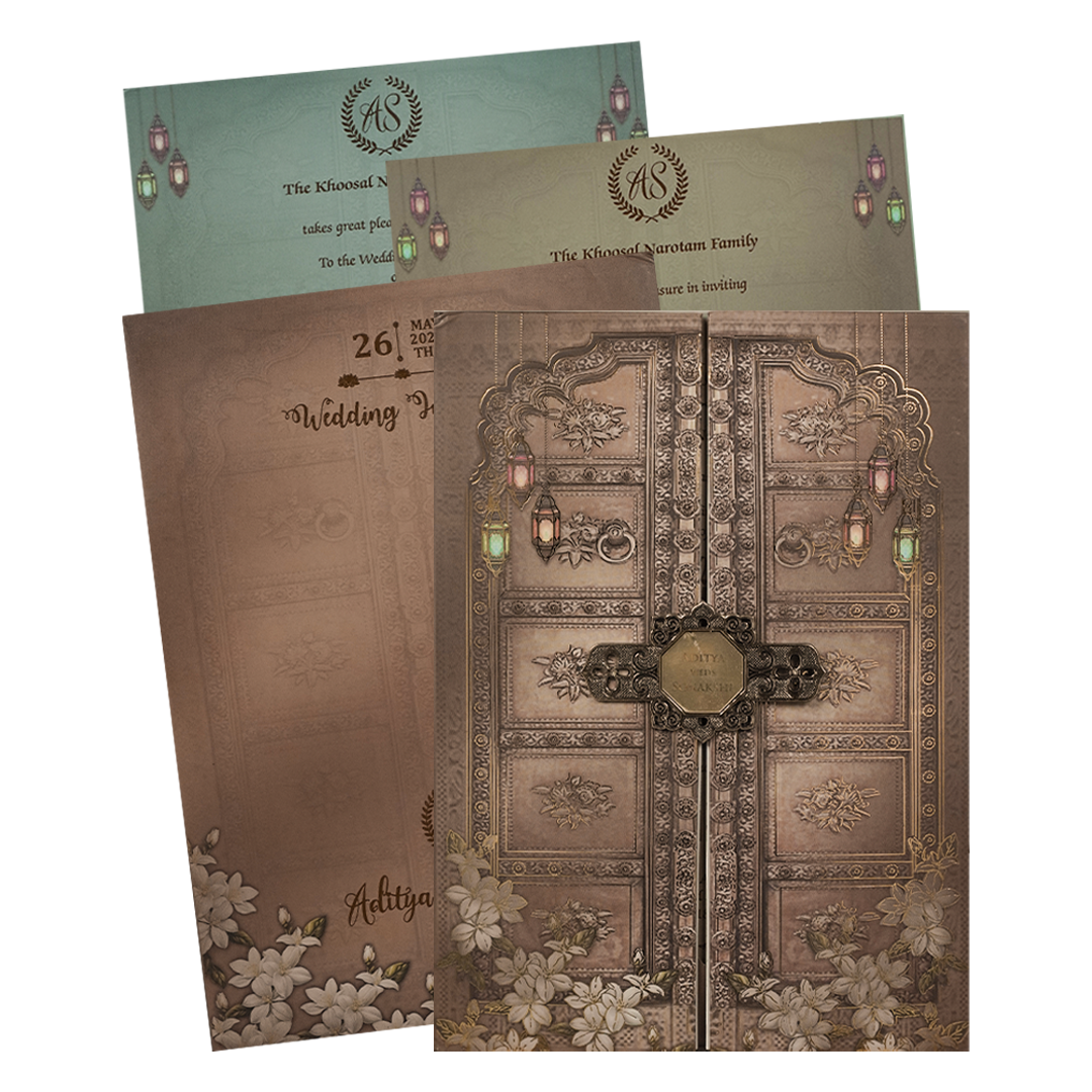 Brown Palace Door Padded Wedding Card-KRE27210