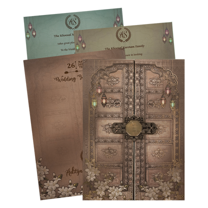 Brown Palace Door Padded Wedding Card-KRE27210