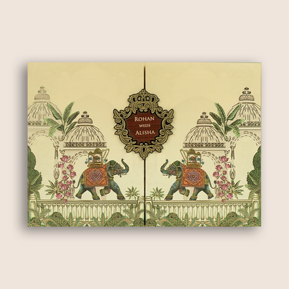 Beige Royal Elephant Door Style Padded Invitation Card - KFR17390