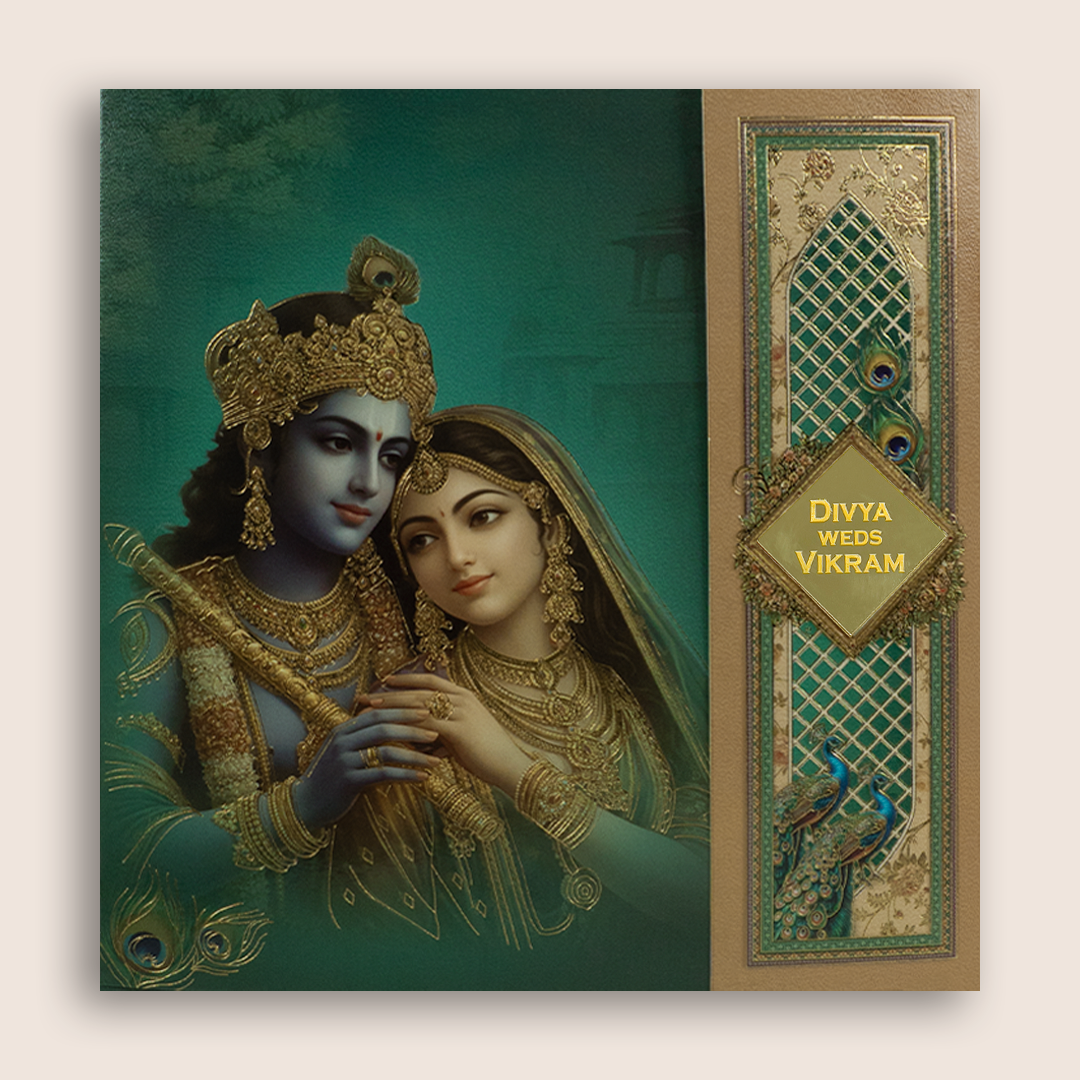 Teal Green Radha Krishna Door Style Wedding Card - KNSR8814