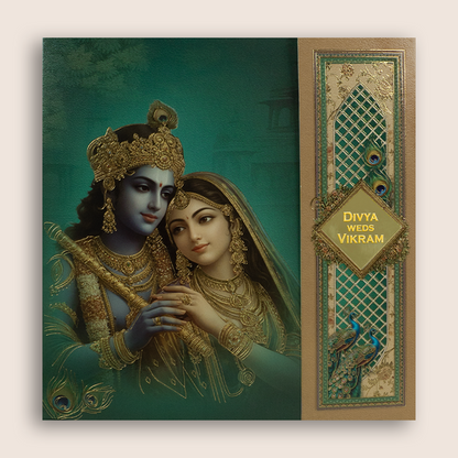 Teal Green Radha Krishna Door Style Wedding Card - KNSR8814