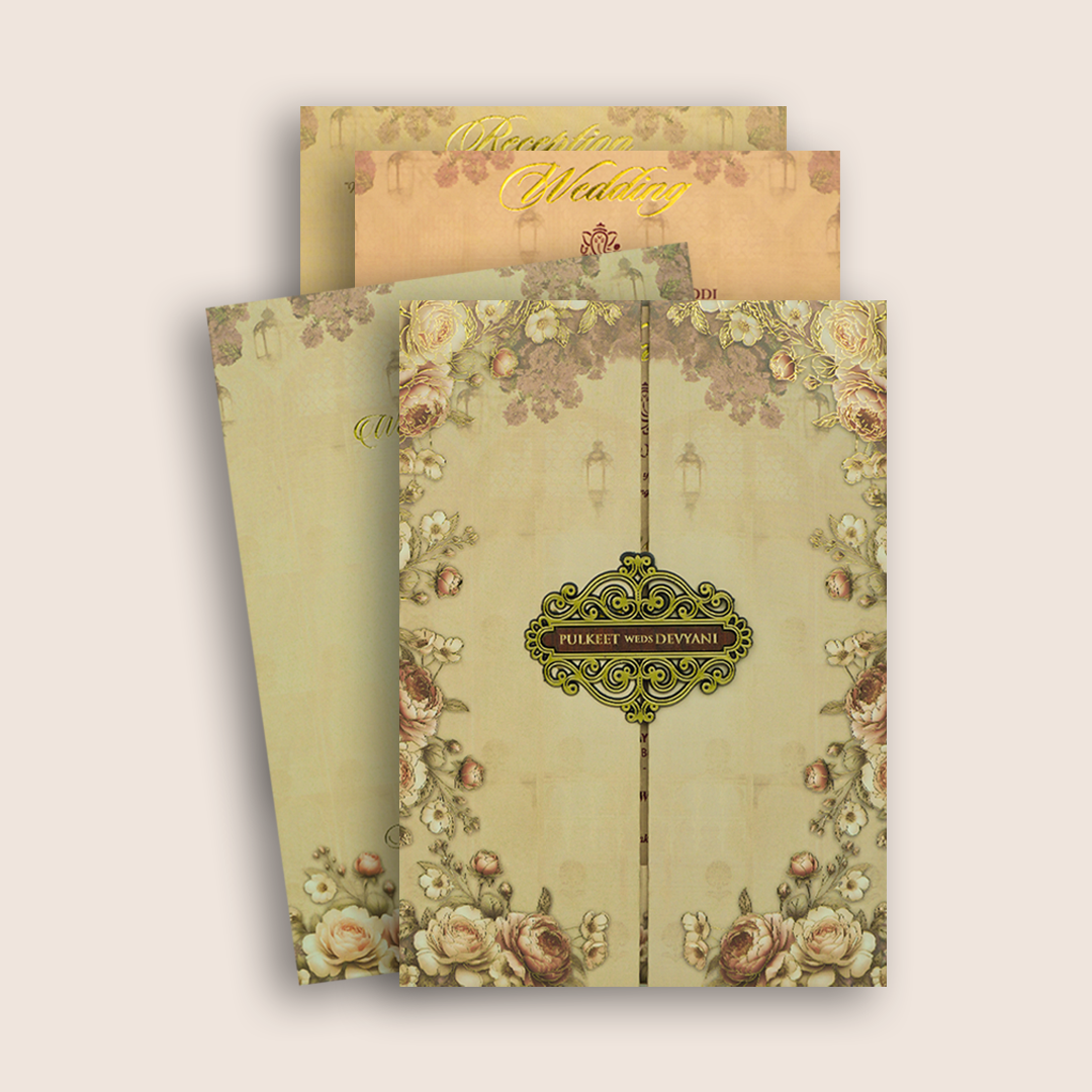 Pastel Brown Floral Door Style Padded Wedding Card - KJTS1741