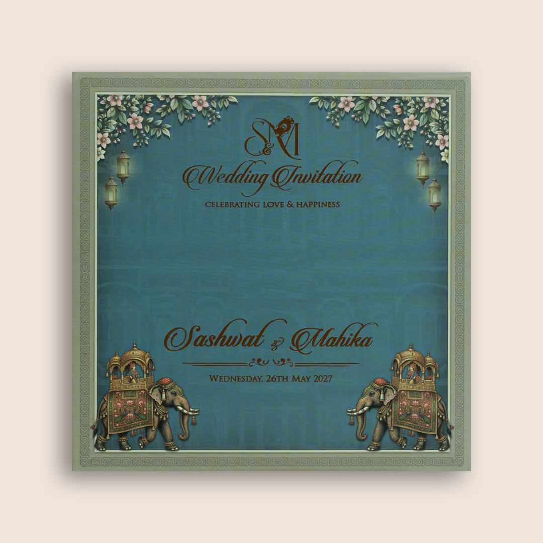 Blue Royal Elephant Door Style Padded Wedding Card - KRE29000
