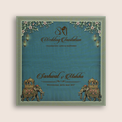 Blue Royal Elephant Door Style Padded Wedding Card - KRE29000