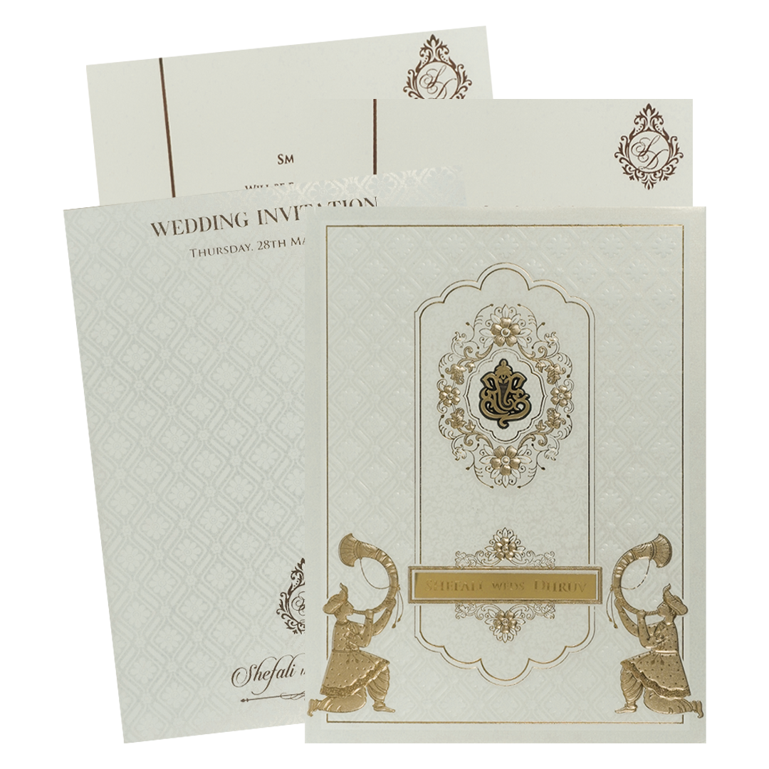 White Ganesha Embossed Padded Wedding card-KRE28110