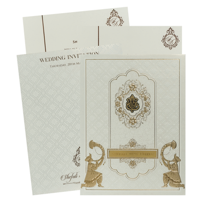 White Ganesha Embossed Padded Wedding card-KRE28110