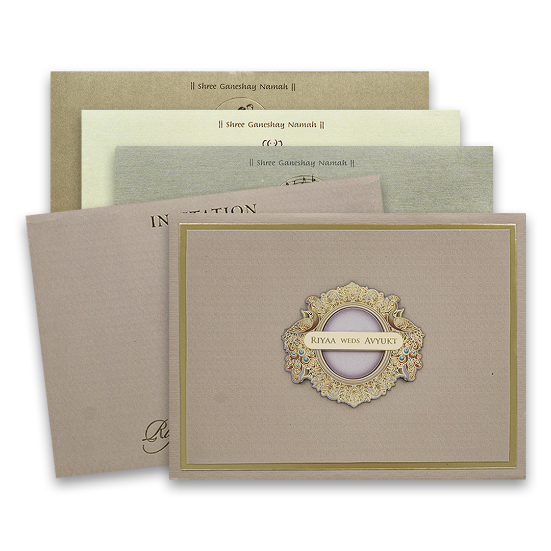 Beige Padded Peacock Premium Wedding Card - KRC31590