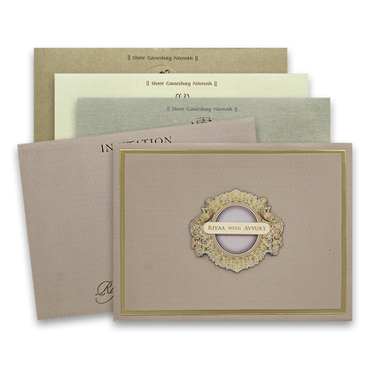 Beige Padded Peacock Premium Wedding Card - KRC31590