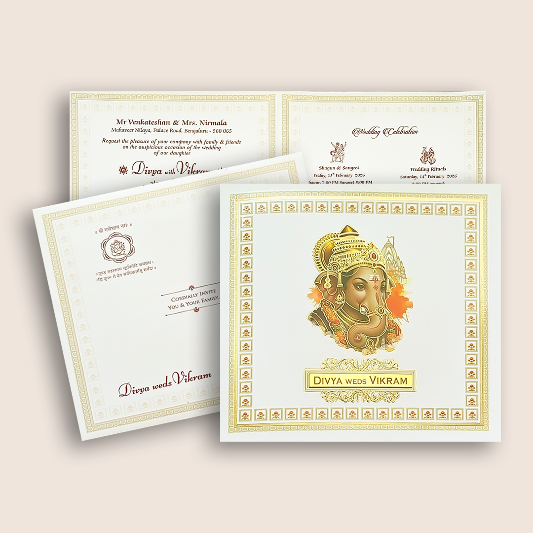 White Ganesha Floral Wedding Card - KNKD8115
