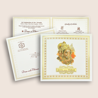 White Ganesha Floral Wedding Card - KNKD8115