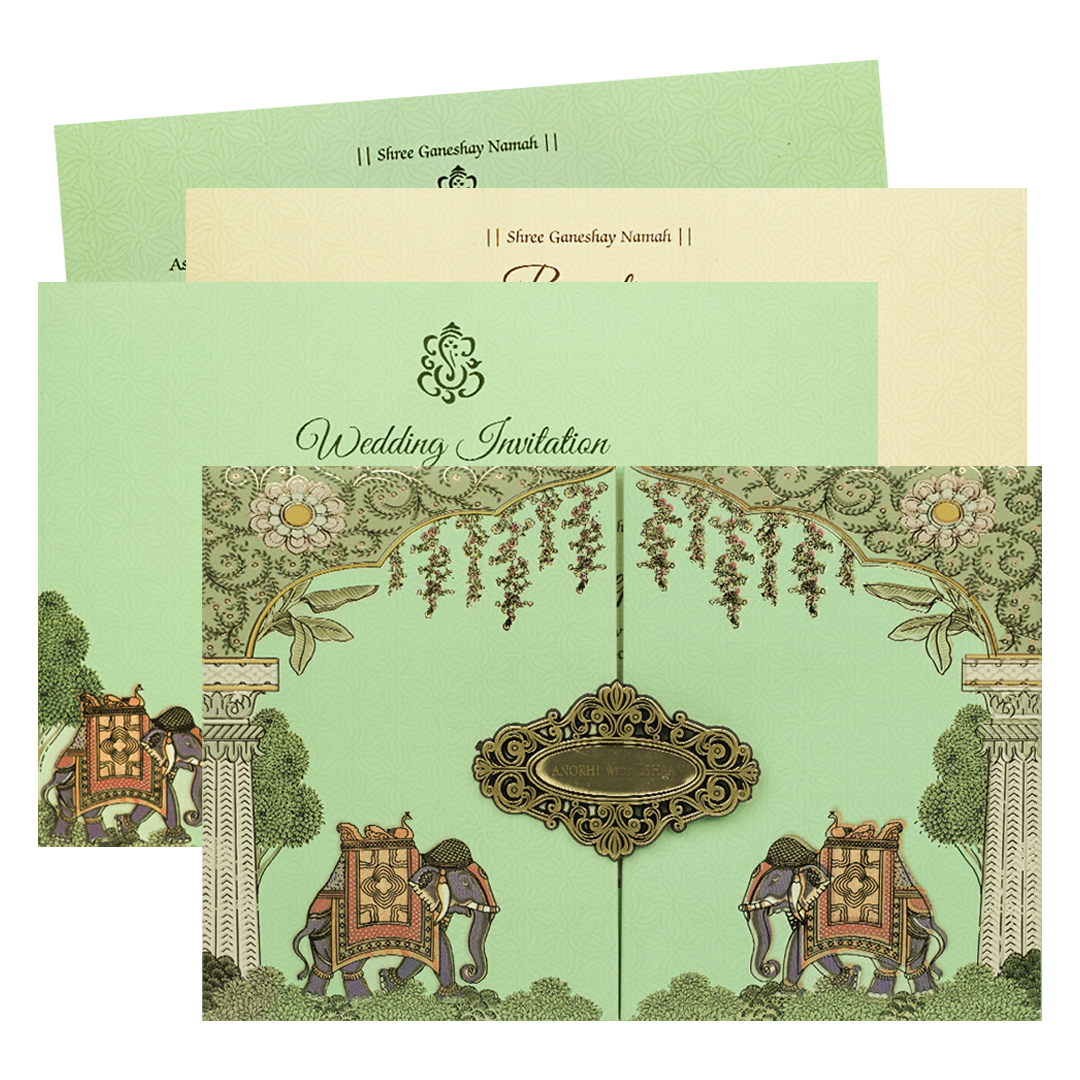 Green Royal Elephant Padded Wedding Card-KJTS3671