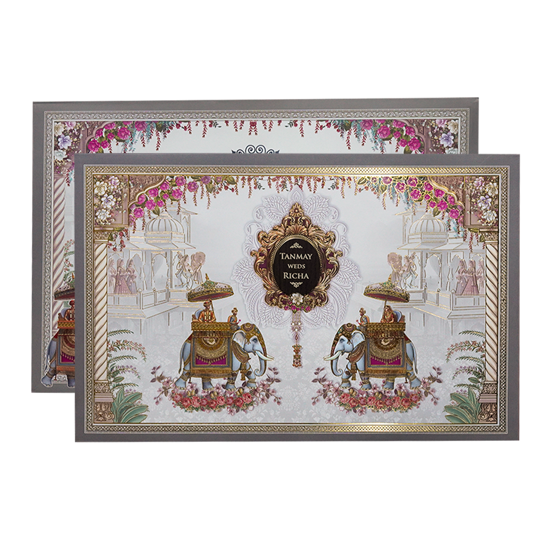 White Palace Elephant Padded Wedding Card-KSH72100