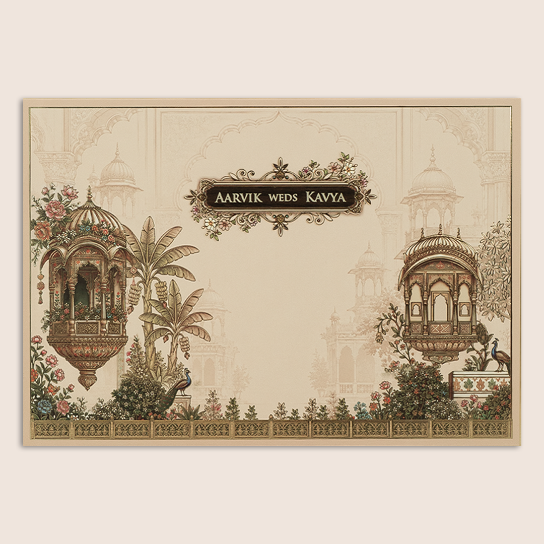 Pastel Pink Floral Jharokha Padded Wedding Invitation - KSH18230
