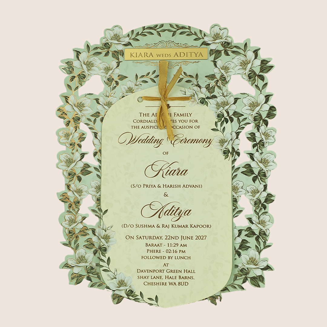 Pista Green Floral Laser Cut Wedding Card  - KFR17240