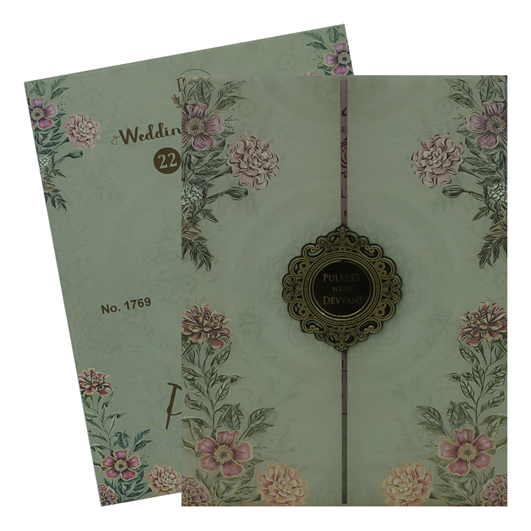 Grey Pink Floral Padded Wedding Card-KJTS1769