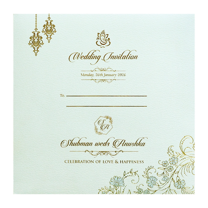 White Gold Embossed Padded Floral Wedding Invitation Card-KRB09580