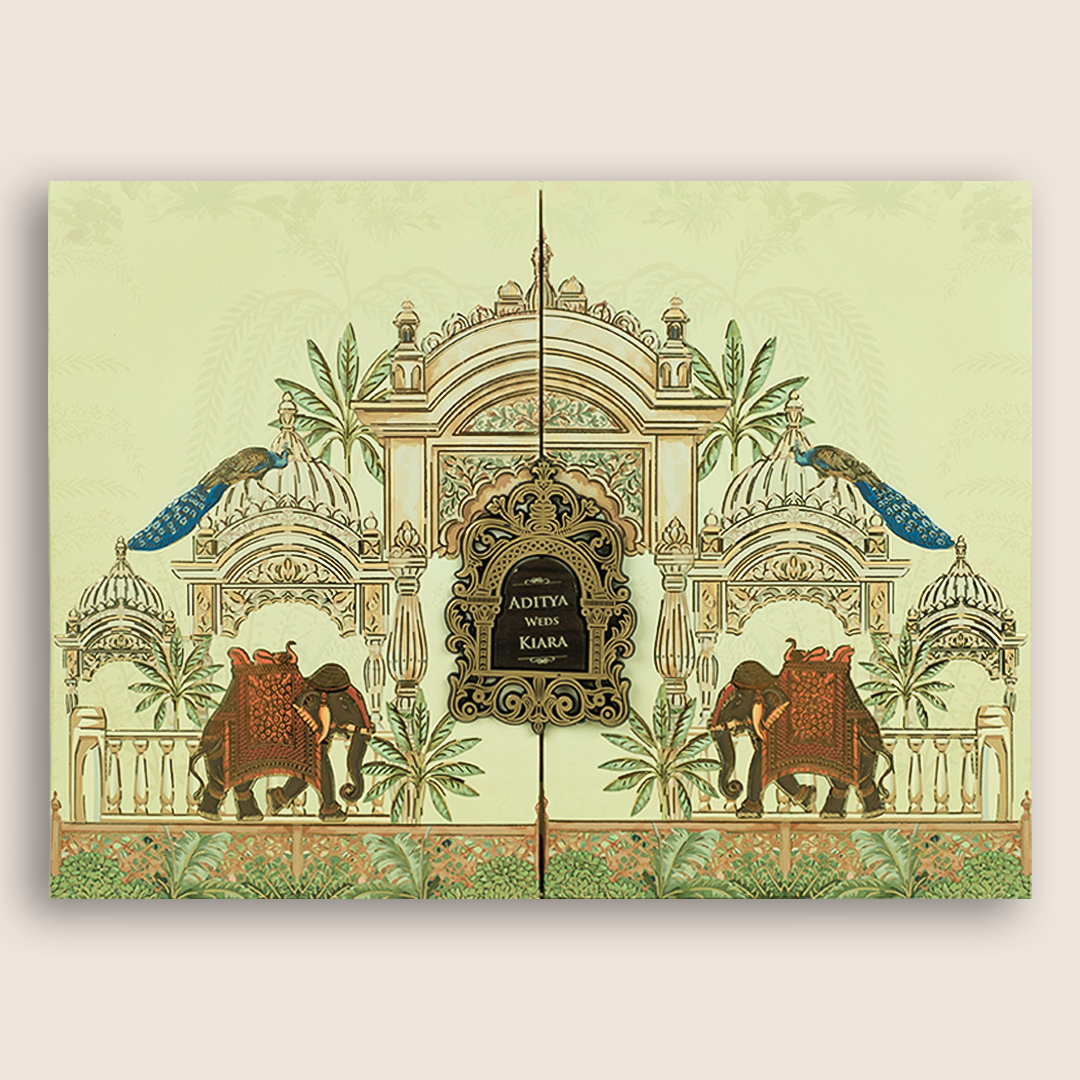 Cream Jharokha Door Style Padded Wedding Card - KFR17500