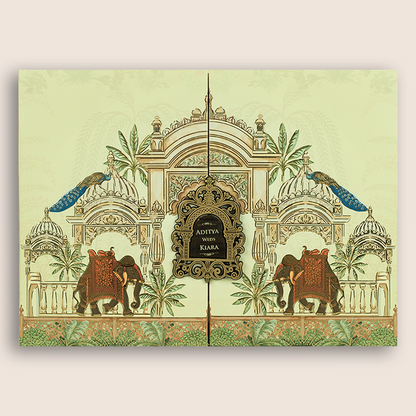 Cream Jharokha Door Style Padded Wedding Card - KFR17500