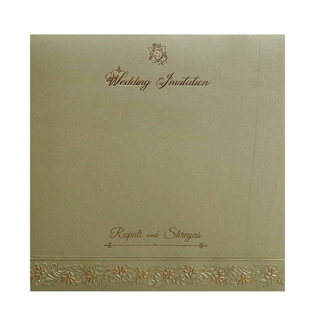 Beige Green Floral Padded Gold Embossed Wedding Card-KMMWD1103
