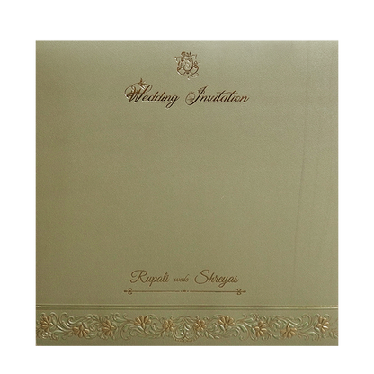 Beige Green Floral Padded Gold Embossed Wedding Card-KMMWD1103