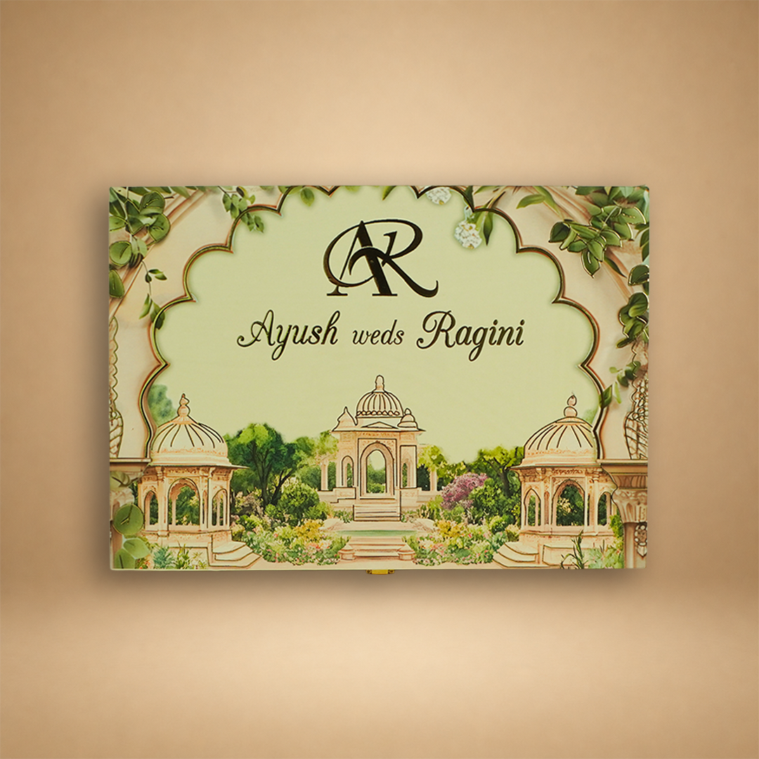 Green Jharokha Premium Wedding Invitation Box - KSBMD030