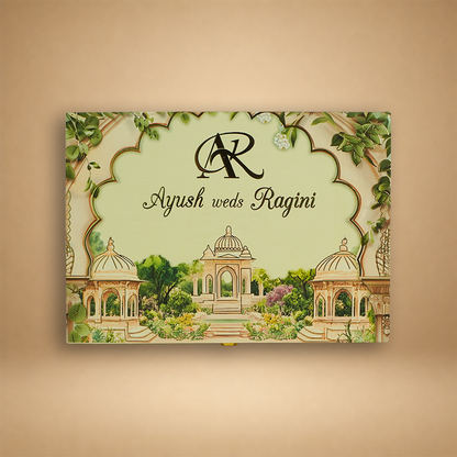 Green Jharokha Premium Wedding Invitation Box - KSBMD030