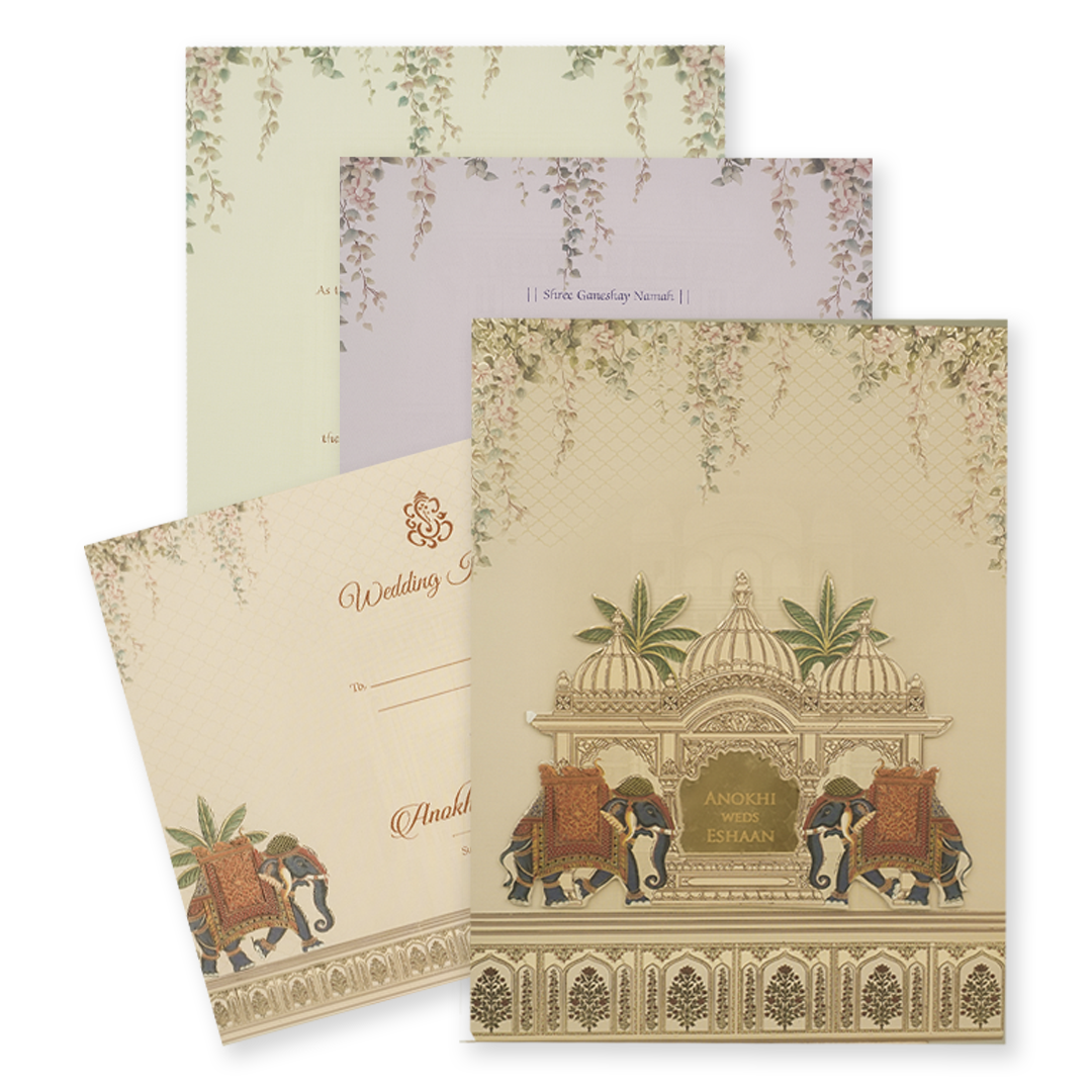 Check out Cream Palace Laser Cut Padded Wedding Card at best price.✅WhatsApp Support ✅Express Delivery.|King of cards.