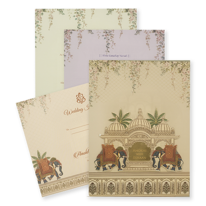 Check out Cream Palace Laser Cut Padded Wedding Card at best price.✅WhatsApp Support ✅Express Delivery.|King of cards.