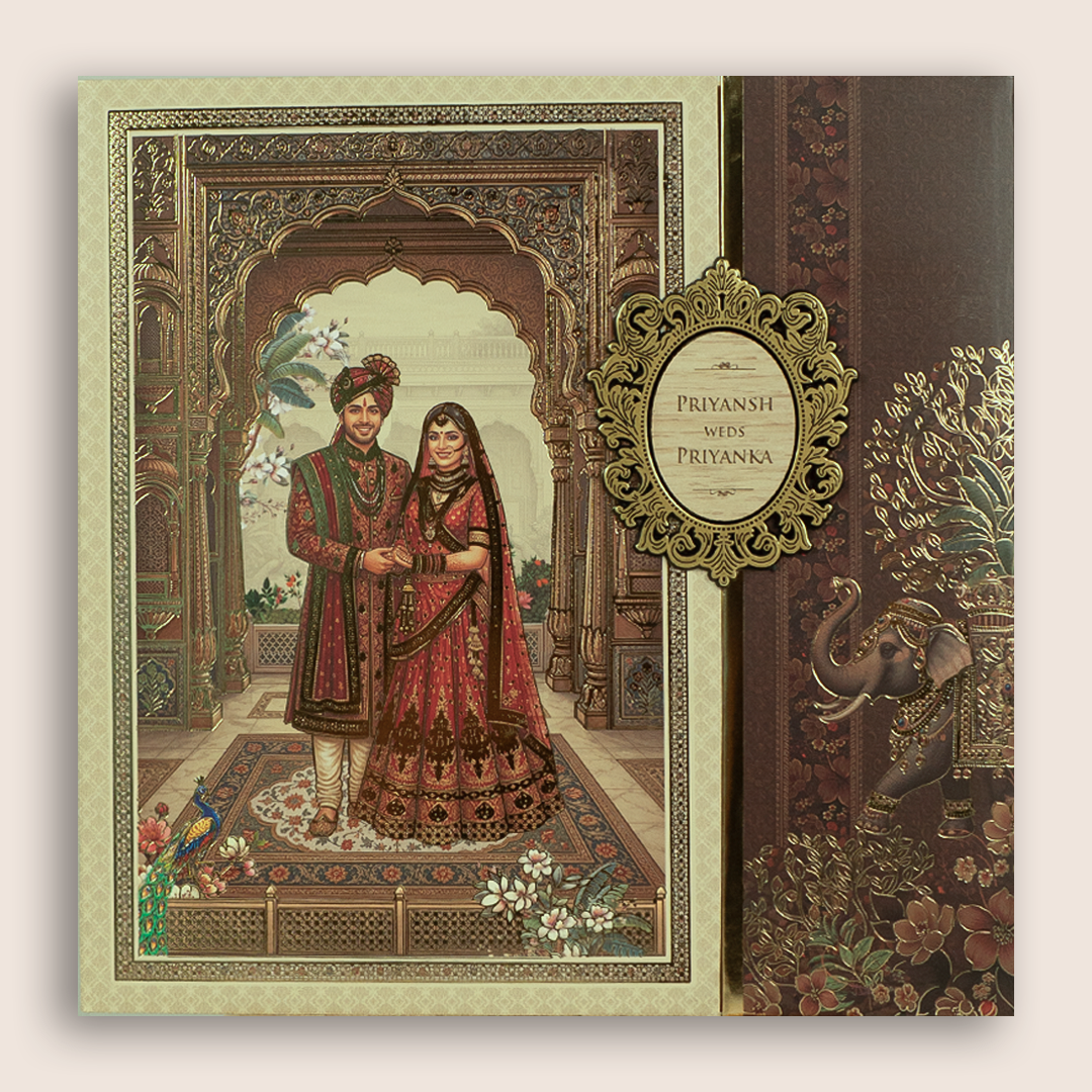 Brown Bride Groom Padded Door Style Invitation Card - KSH18770