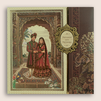 Brown Bride Groom Padded Door Style Invitation Card - KSH18770